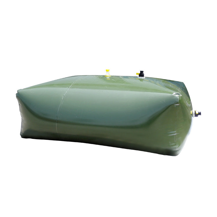 A green, rectangular water tank with a black cap, yellow fittings, and a valve is displayed against a white background. The tank has a glossy finish and multiple attachment points on its surface.