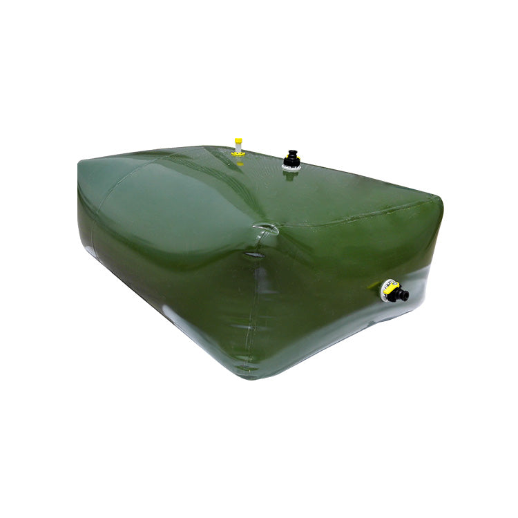 A green, rectangular water tank with a black cap and a valve is shown against a white background.