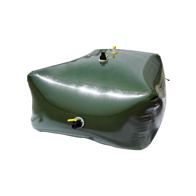 A green, rectangular water tank with a black cap and a valve is shown against a white background.