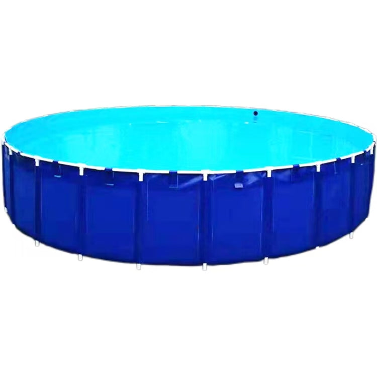 A large, circular blue above-ground water pool filled with water, featuring a white frame with connecting pipes, stands on a surface with a black fitting visible on the side.