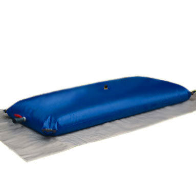 Rectangular blue inflatable water storage bladder with a red valve, placed on a gray protective surface, designed for efficient emergency water storage, camping, or portable water management.