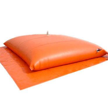 A Large rectangular orange inflatable water storage bladder with a white valve and red cap, placed on an orange protective surface, suitable for emergency water storage, outdoor use, or industrial applications.