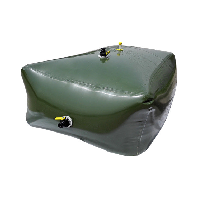 A green, rectangular water tank with a black cap, yellow fittings, and a valve is displayed against a white background. The tank features a smooth, glossy surface with multiple attachment points for securing it.