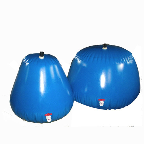 Two blue inflatable water storage bladders of different sizes with white valves, isolated on a white background, ideal for emergency water storage, camping, or agricultural use.