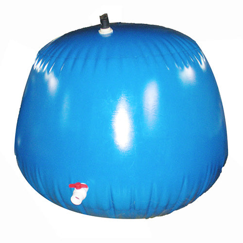 Large blue inflatable water storage bladder with a white valve and red cap, isolated on a white background, suitable for emergency water storage, camping, or agricultural purposes.