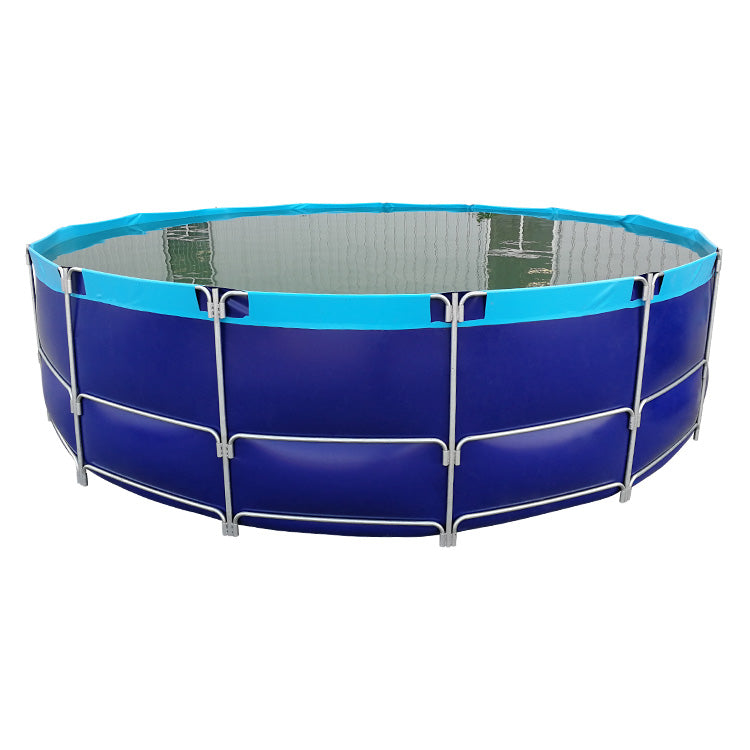 A fully assembled flexible round fish tank with a sturdy metal supporting frame and a durable blue PVC liner.