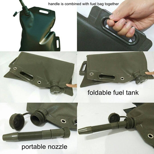 Collage of images showcasing a foldable dark green fuel tank, highlighting its integrated handle, folding mechanism, and portable nozzle.