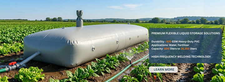 A large, grey flexible liquid storage bladder sitting in a lush green farm field. To the right, a semi-transparent blue overlay displays text: "Premium Flexible Liquid Storage Solutions," noting 820 GSM heavy-duty PVC durability, water and fertilizer applications, and capacities from 600 to 26,250 liters. A "Learn More" button is visible at the bottom.